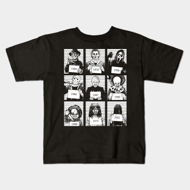 Halloween Mug Shot / Horror Movie Character Kids T-Shirt by RadRetro